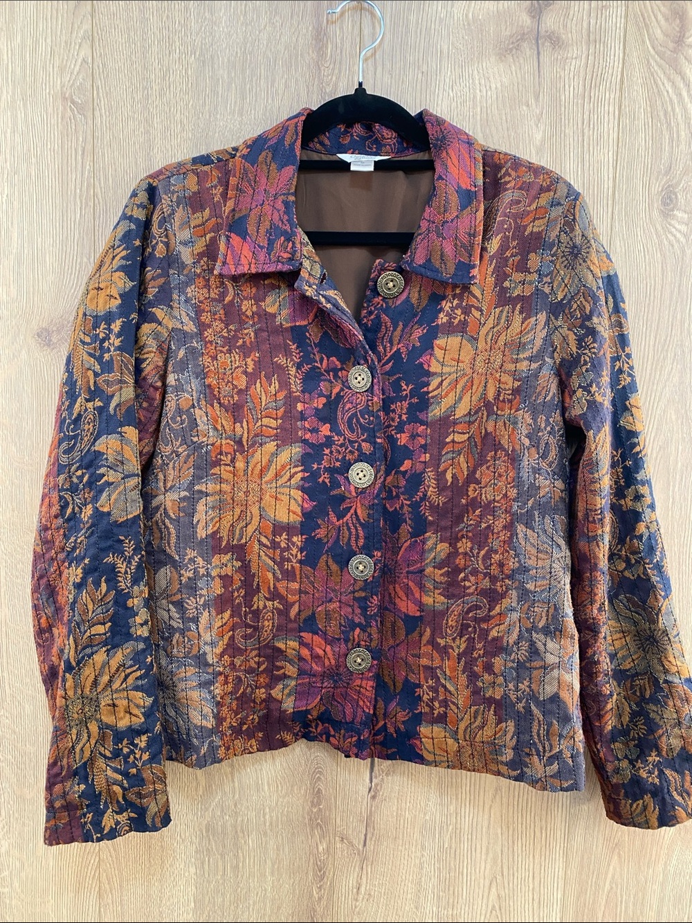 Vintage Tapestry Quilted Jacket Floral Paisley Button Up Boho Small